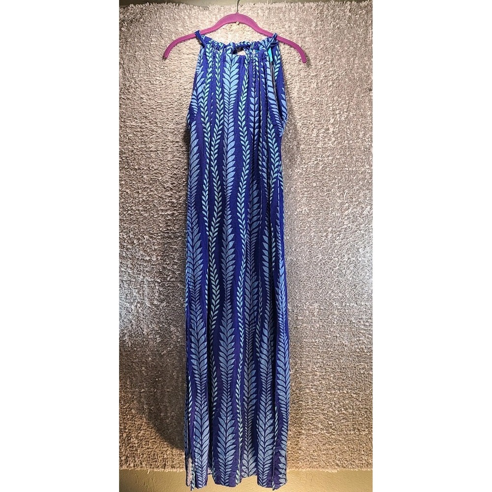 Escapada Women Maxi Tie Neck Dress Size Small Floral Blue Rayon Beach Resort